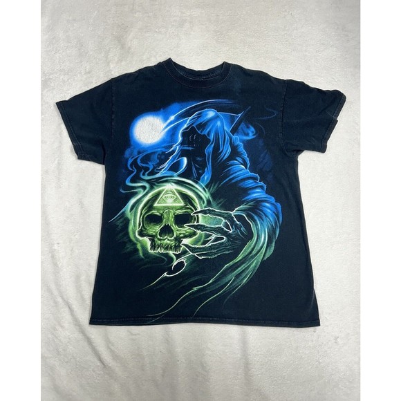 Vtg Y2K Grim Reaper Skull Gothic Illuminate Black Graphic T-Shirt Size Medium - Picture 1 of 7